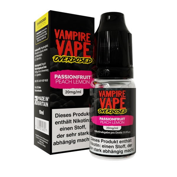 Passionfruit Peach Lemon NicSalt Liquid Vampire Vape Overdosed 20 mg/ml Verpackung