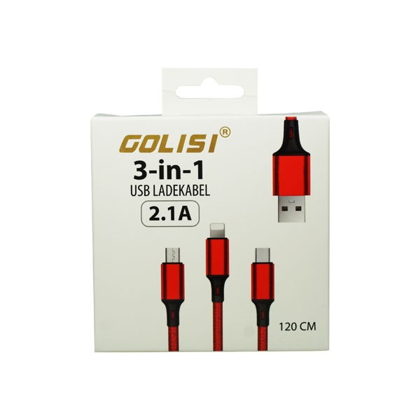 Golisi 3 in 1 Ladekabel - Lightning, USB, USB-C - Rot