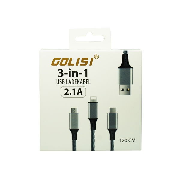 Golisi 3 in 1 Ladekabel - Lightning, USB, USB-C - Grau