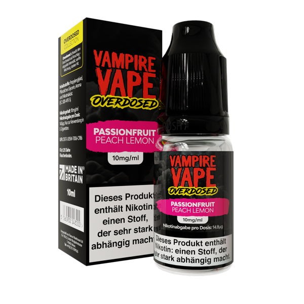 Passionfruit Peach Lemon NicSalt Liquid Vampire Vape Overdosed 10 mg/ml Verpackung
